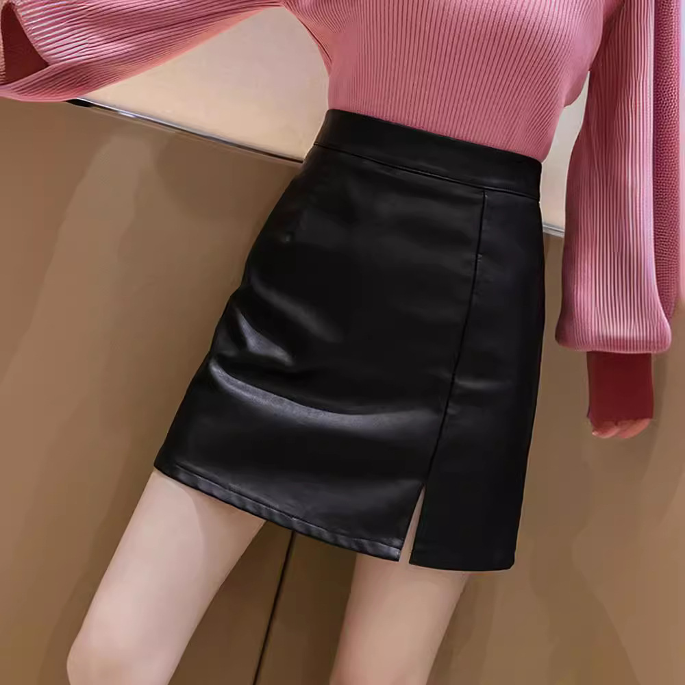 Small leather skirt women's autumn and winter New Fashion black split PU leather skirt high waist slimming a-Line hip skirt