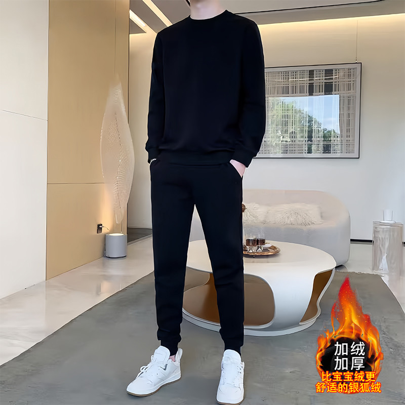 Cross-border 2026 Casual Sportswear Set for Autumn and Winter, Fleece-lined Men's Crew Neck Sweatshirt, Top, and Pants Two-Piece Running Set