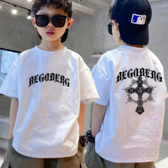 純棉男童短袖t恤2023夏季圓領新款十字架字母童裝寬鬆洋氣上衣潮