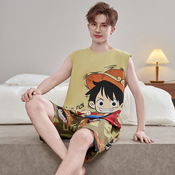 Pure Cotton Vest Pajamas Men's Cartoon Student Teenagers Sleeveless Cotton Large Size Summer Cartoon Home Clothes Set