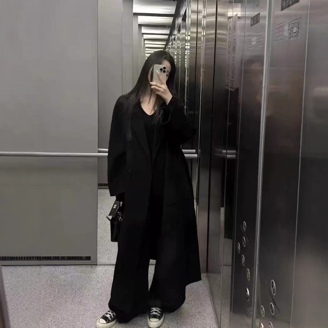 秋冬新款升级100%全羊毛 黑色韩系慵懒加长款双面羊毛呢大衣外套