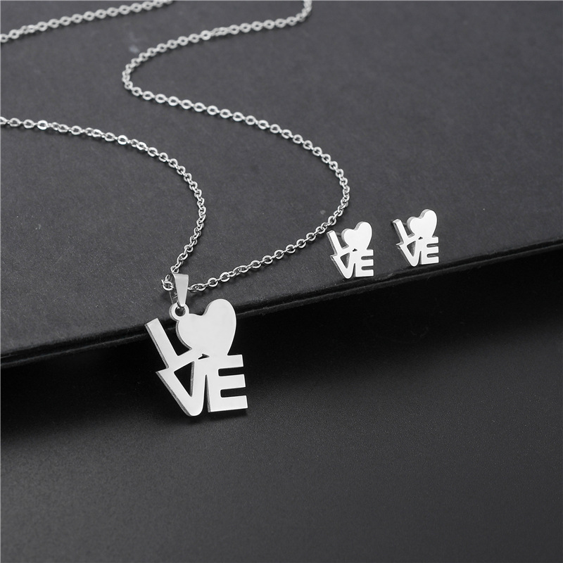 Love Necklace Womenu0027s Simple European and American Style Letter Pendant Earings Set Stainless St