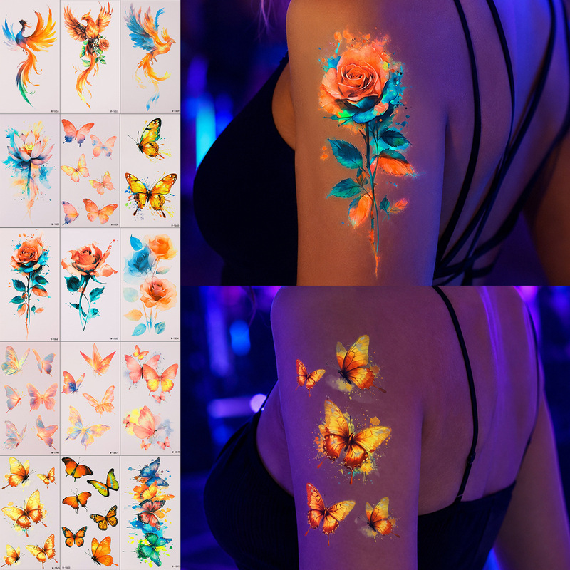 Cross-Border Fluorescent Rose Butterfly Tattoo Stickers Nightclub Music Festival Dance Party Temporary Waterproof Luminous Tattoo Stickers