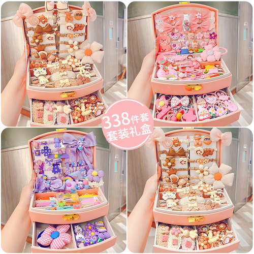 Cute little girl hair accessories set gift box girl hairpin hairpin princess birthday gift rubber band headwear jewelry box
