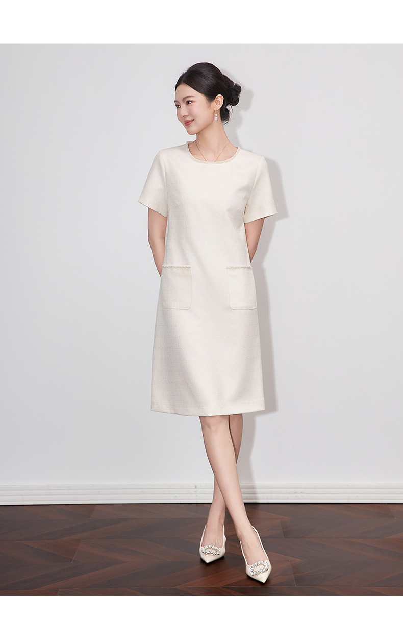 Váy liền nữ kiểu Pháp cổ tròn tay ngắn dệt jacquard ôm nhẹ — Màu be chi tiết 11