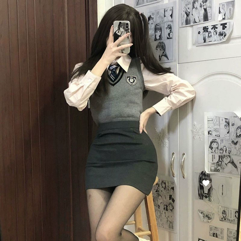 Осеняя школьная pleated юбка, корейский стиль, полный комплект, акцент на бёдрах