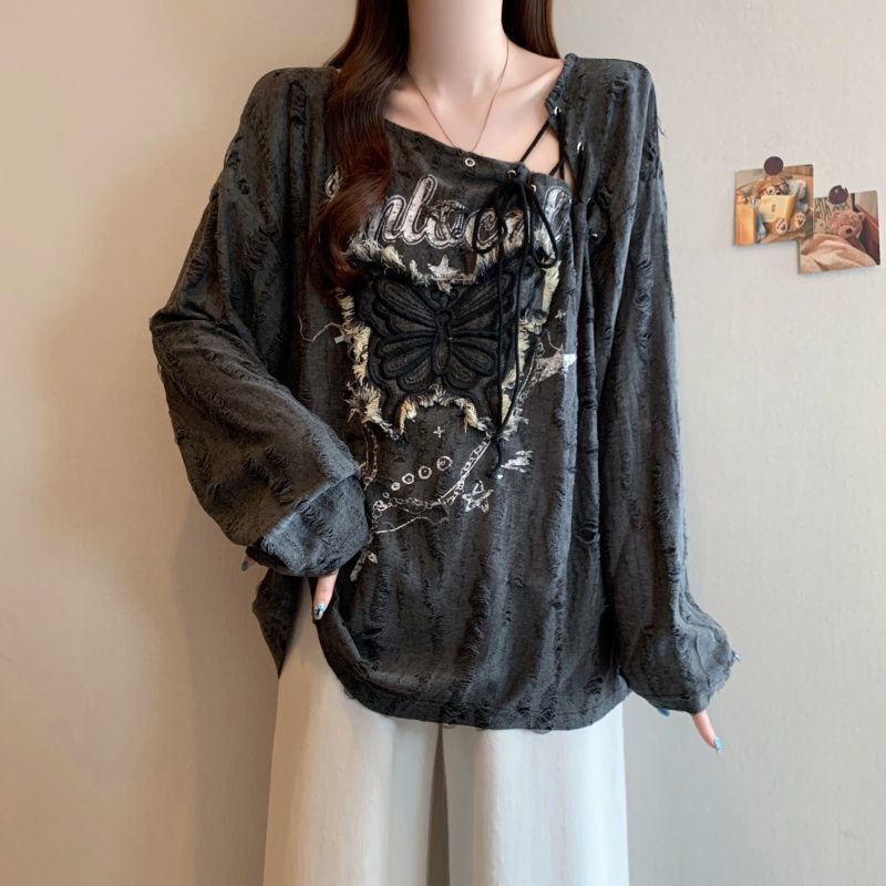 大码设计感抽绳斜领长袖t恤女秋季新款胖mm宽松显瘦遮肉破洞上衣|undefined