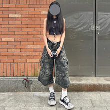 迷彩牛仔七分裤女夏季宽松工装裤设计感中裤休闲百搭短裤子