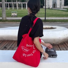 新款正红色帆布袋小众字母印花大容量帆布包学生上班通勤单肩包女
