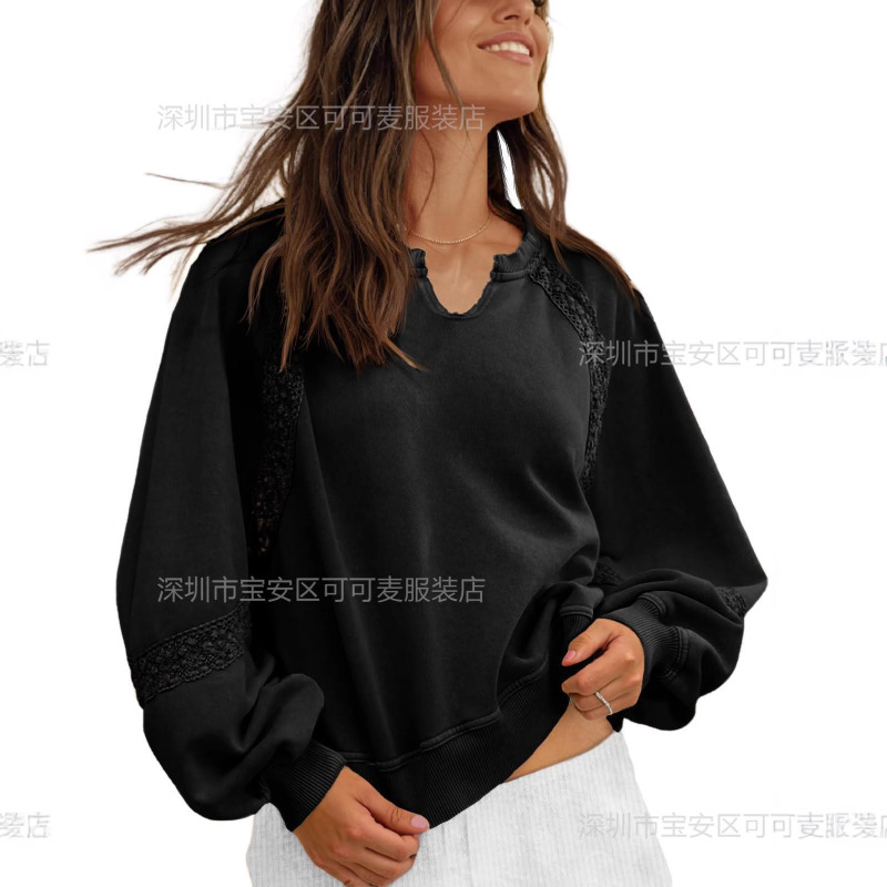 跨境欧美亚马逊秋冬新款女装拼接蕾丝设计感宽松套头纯色V领卫衣|undefined