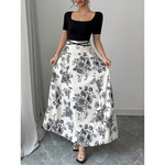 2025跨境欧美女装亚马逊速卖通新品针织短袖方领拼接长款连衣裙热