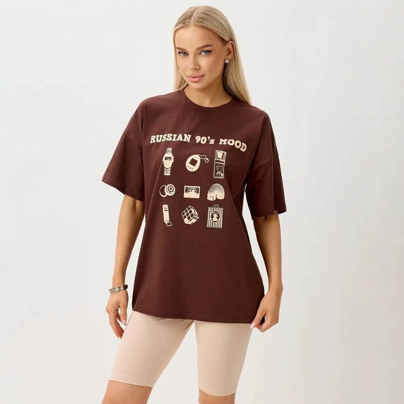Retro 90s Russian street style printed loose T-shirt for women, trendy nostalgic top, everyday short-sleeve top Retro 90s Russian street style printed loose T-shirt for women, trendy nostalgic top, everyday short-sleeve top