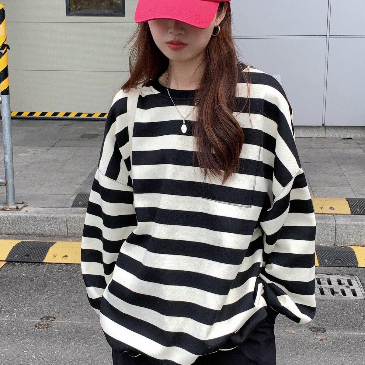 2024春秋韩版宽松慵懒BF风条纹卫衣女长袖明线口袋设计感小众上衣