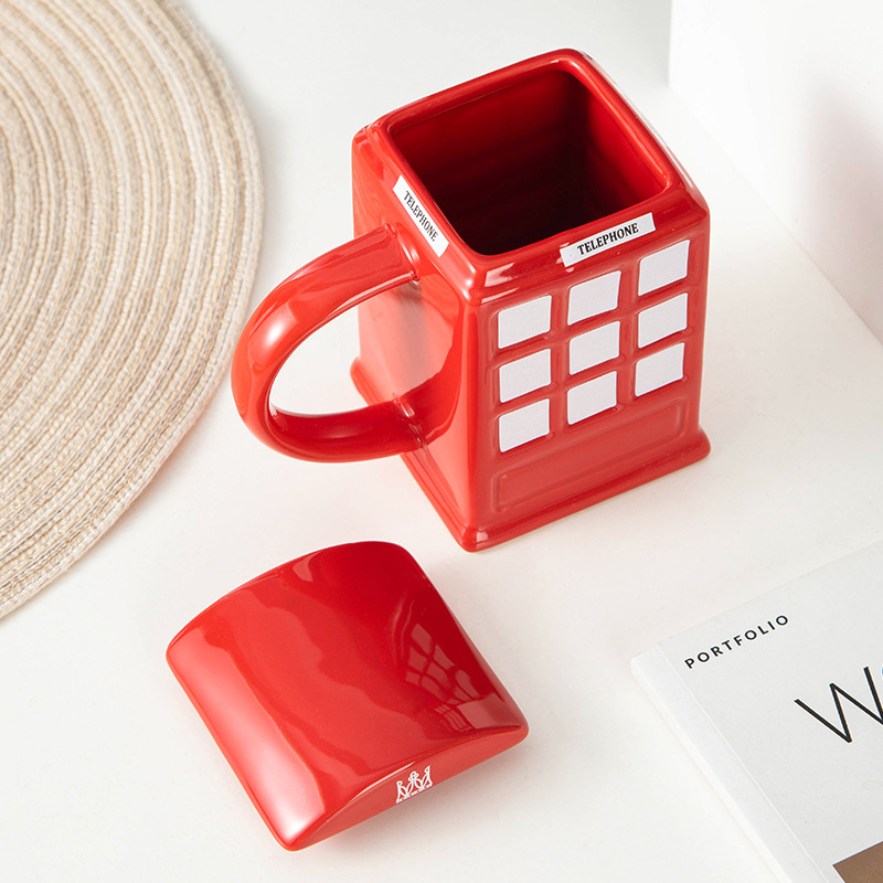 复古欧美电话亭造型杯子创意陶瓷杯红色带盖新奇马克杯咖啡杯水杯