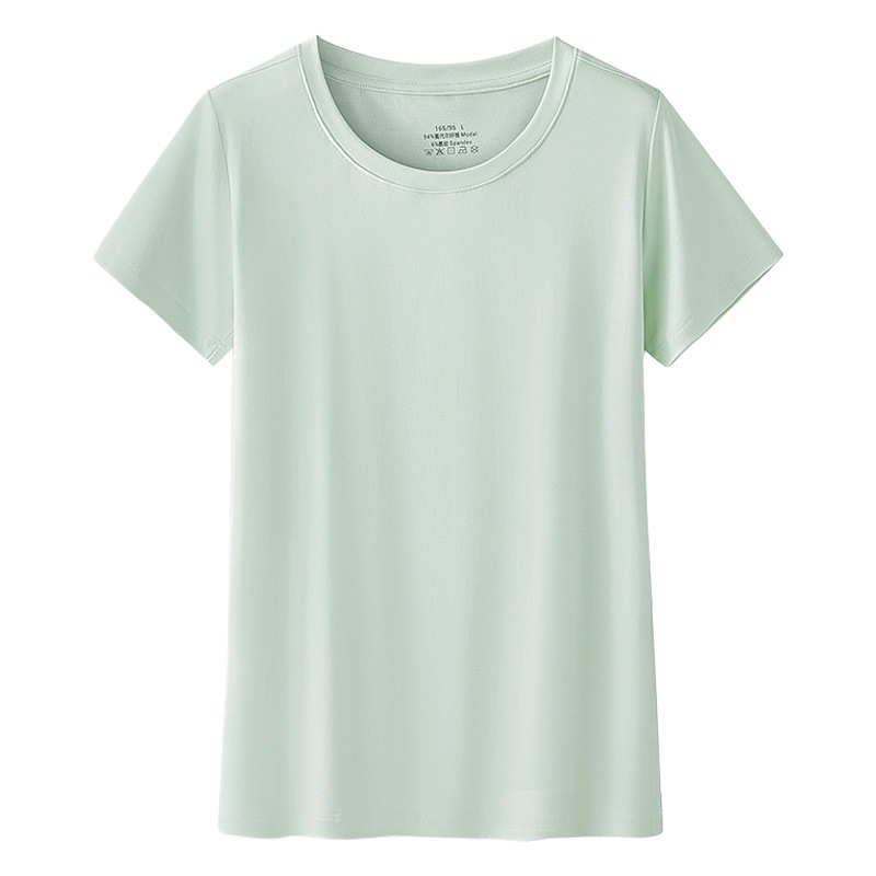 Nuevo 60 de doble cara modal de primavera y verano de las mujeres cuello redondo de color sólido de fondo de manga corta Camiseta para salir en stock pelo rápido image 1