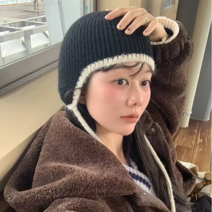 韩女搭配#秋冬简约针织拼色边护耳保暖百搭雷锋帽飞行毛线帽休闲|undefined