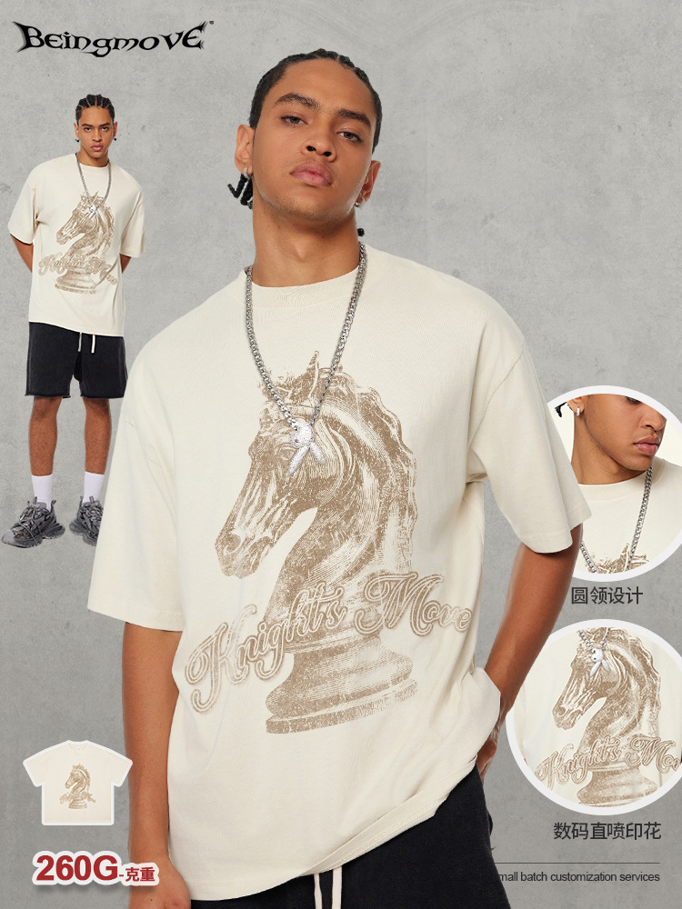 Calle secada| 2026 nuevo retro americano hace vieja camiseta suelta de manga corta año del caballo impresión de tablero de ajedrez