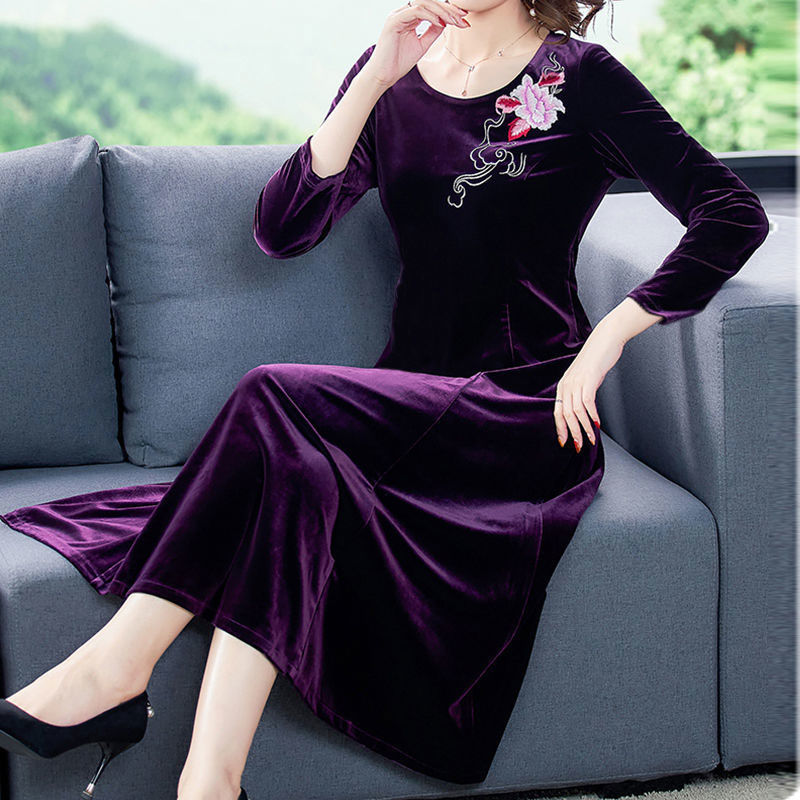 连衣裙女秋冬新款金丝绒连衣裙女中长款修身大码妈妈裙女装|undefined
