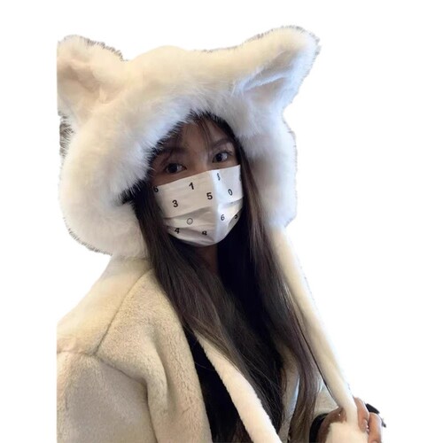 Cute fox ear fuzzy hat for girls, suitable for autumn and winter, warm, Korean style ear protection hat, makes face look smaller, trendy