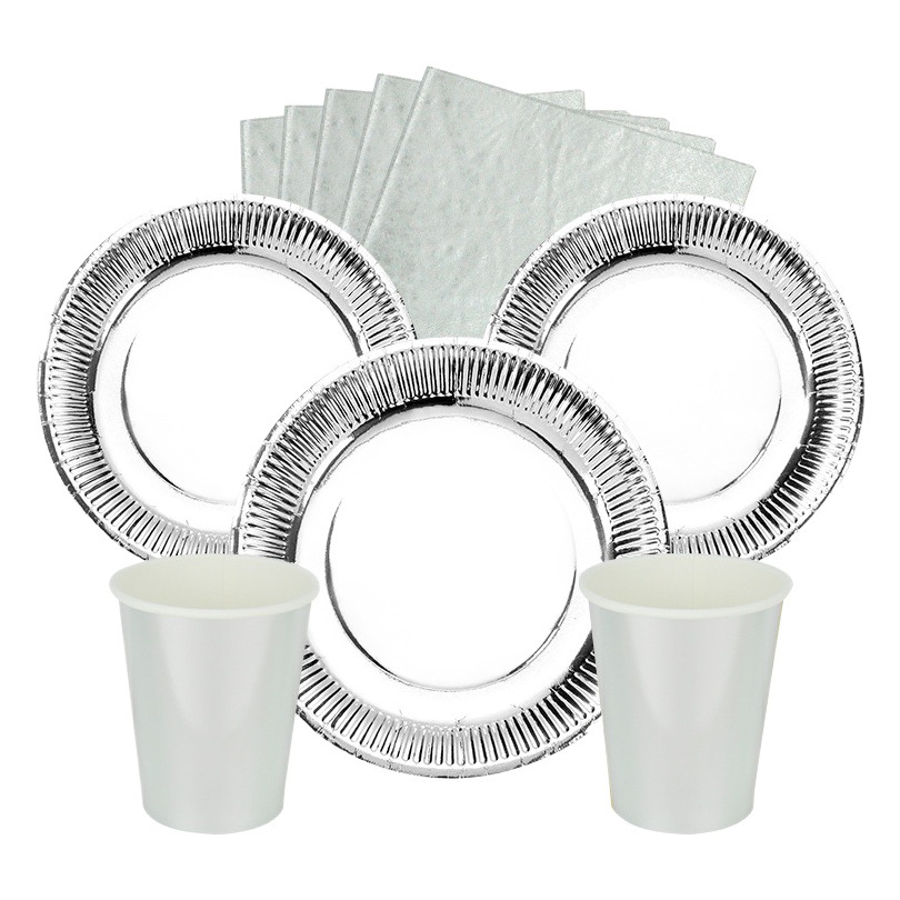 Juego de vajilla de papel desechable traje de fiesta de año nuevo de plata 7 pulgadas plato de papel de 9 pulgadas taza de papel tejido paja decoración