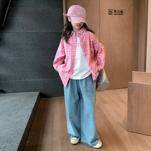 女童拼接衬衫2024春装新款中大童韩版休闲宽松外套春秋儿童上衣潮