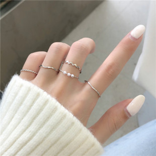 Women's Japanese and Korean Style Simple Ring ins Pearl Wave-shaped Combination Ring Five-piece Set Distinctive Ring Cyber Celebrity Tail Ring
