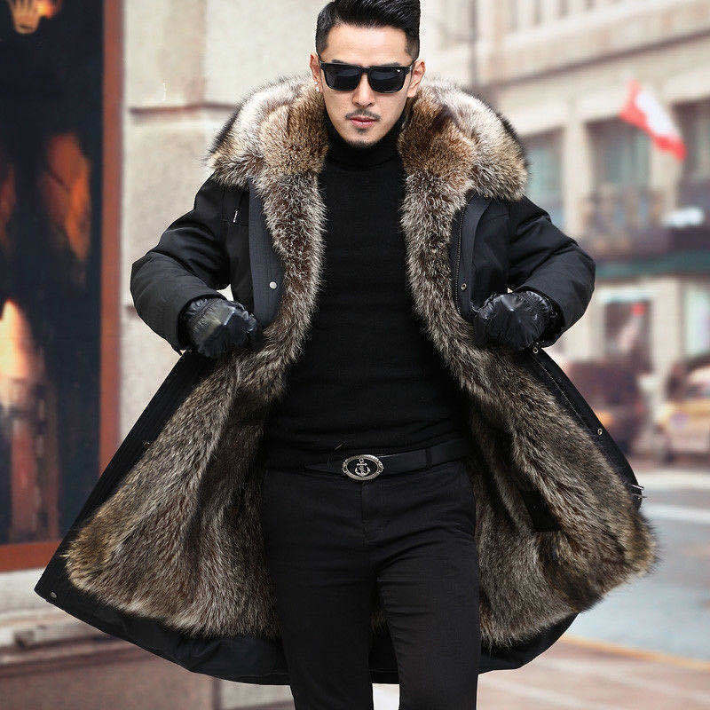 Winter New Parka Coat Mid-Length Detachable Raccoon Fur Liner Thickeneded Imitation Fur Large Size Coat for Men Winter New Parka Coat Mid-Length Detachable Raccoon Fur Liner Thickeneded Imitation Fur Large Size Coat for Men