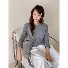 【温柔焦点】歌铭韩系侧绑带圆领长袖衫女秋季通勤长袖上衣W441C
