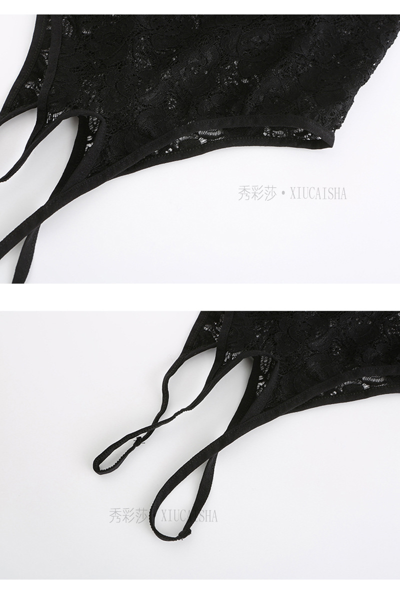 Lace Open-Neck Jumpsuit Lingerie with Matching Stockings, One Size — detail image 20