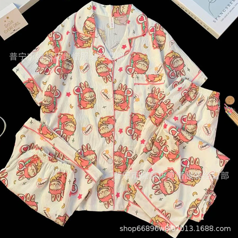 Hermosos pijamas de tela de rabu mujeres primavera y otoño verano nubes de algodón dulce mangas cortas pantalones cortos de tres piezas ropa para el hogar