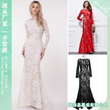 跨境2022红色晚礼服长款拖地修身鱼尾网布绣花长袖新娘敬酒连衣裙