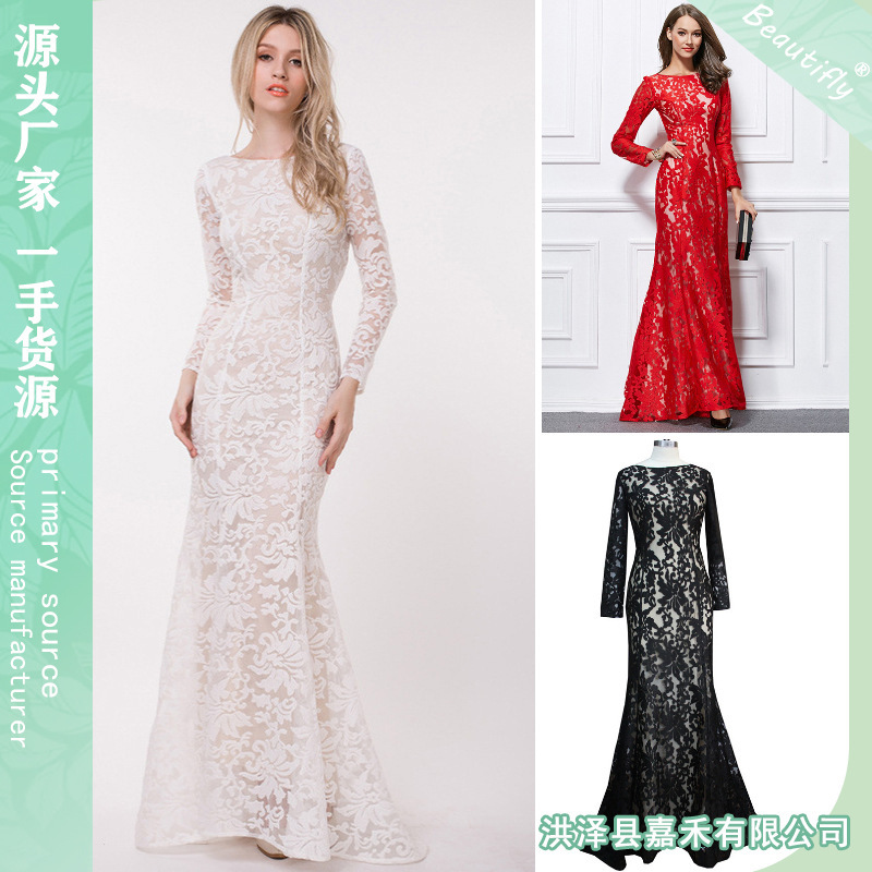 Cross-border 2022 red evening gown long floor-mopping slim fishtail mesh embroidered long sleeve bridal toast dress