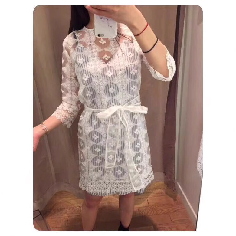 S家 18春夏新款 宫廷风蕾丝刺绣条纹 两件套连衣裙 85047清货