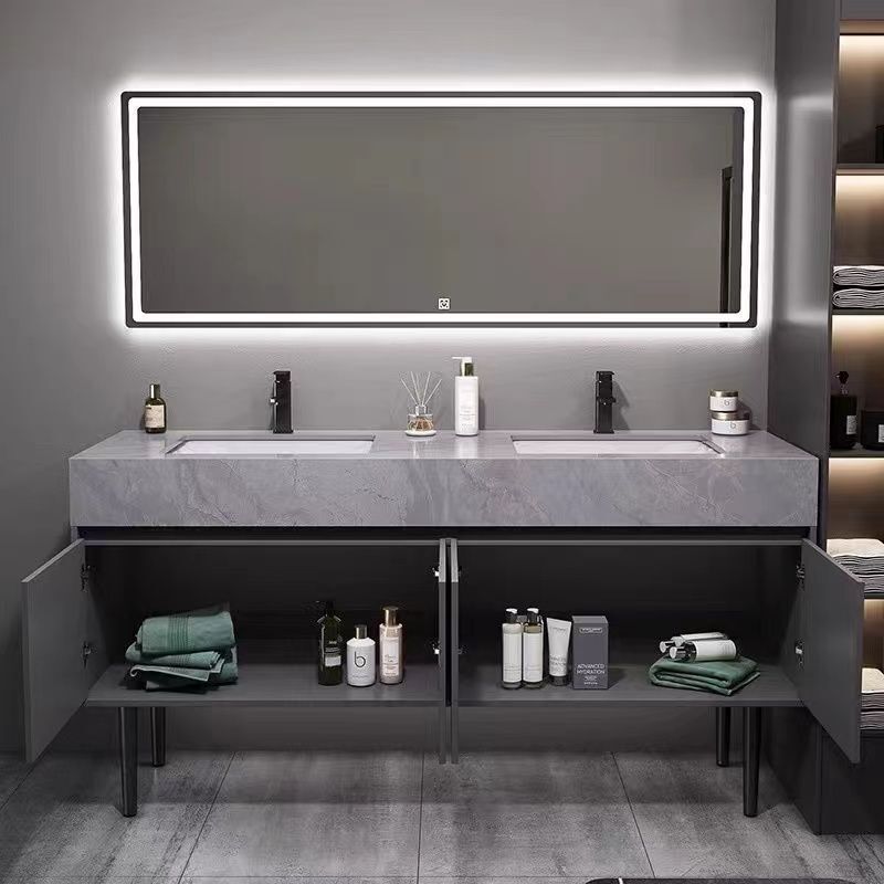Double Basin Bathroom Cabinet | Floor-Standing Artificial Stone Combination Unit | Minimalist design | Suitable for Public Restrooms