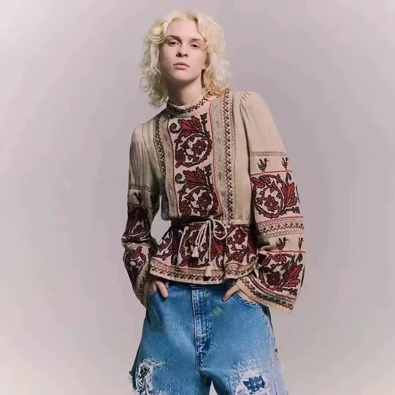 French SE @ Home 24 Early Autumn New Retro Ethnic Cross Stitch Crewneck Waistband Tassel Long Sleeve Shirt