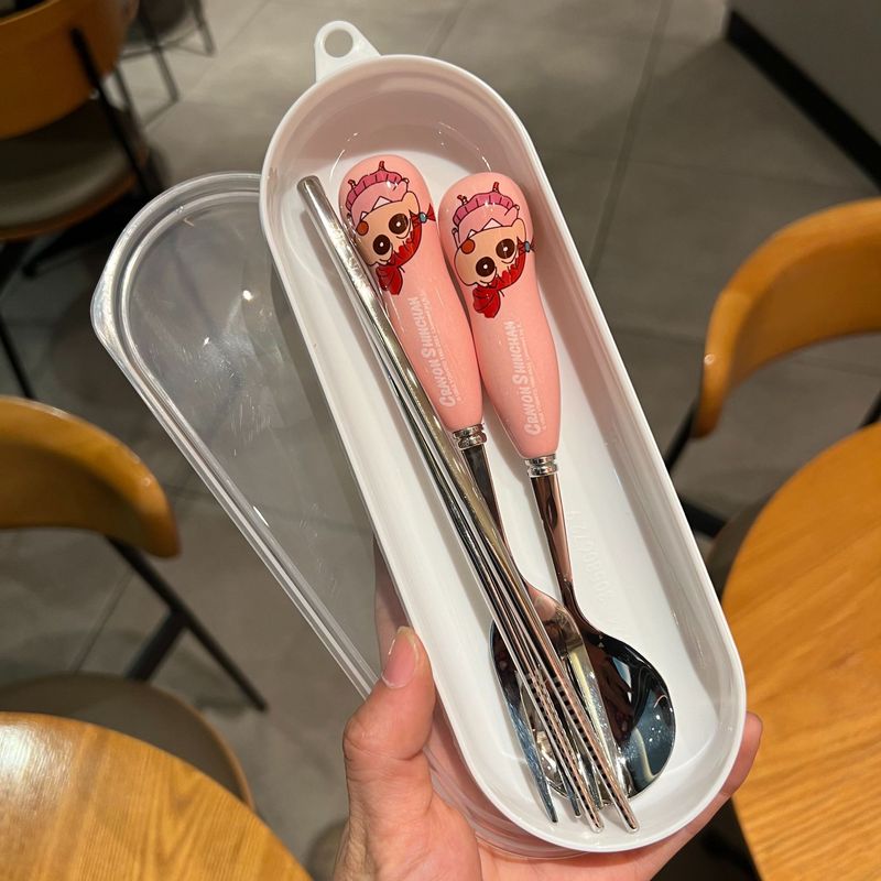本物のクレヨンしんちゃん子供用セラミック 304 スプーン箸家庭用ライススプーンステンレス鋼学生ポータブルカトラリーボックス|undefined