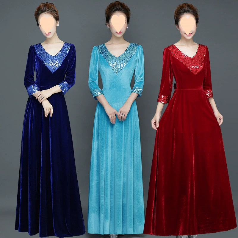 Новый длинный костюм для хора из бархата, длинная юбка, сценический костюм для выступления, классическое вечернее платье для взрослых женщин.