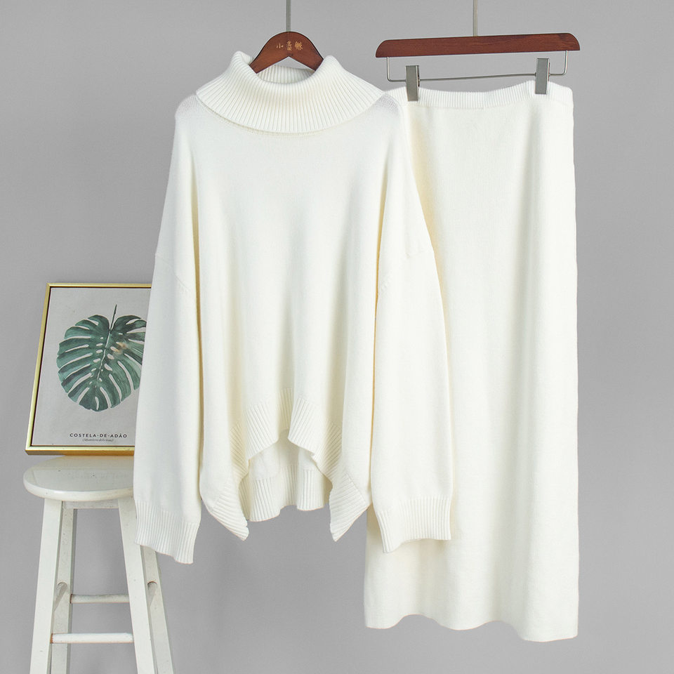 Bộ đầm áo len cổ cao dài tay phối chân váy dài dệt kim form rộng nữ — 50% Visco, 30% Polyester, 20% Nylon, Màu trắng be, Màu xanh lam, Màu xám chi tiết 19