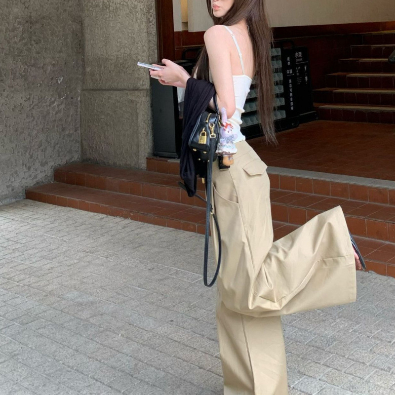 新款设计感慵懒风直筒卡其宽松阔腿裤卡其色裤子其它丝光|undefined