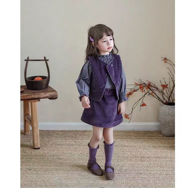 아동복 가을 새 소녀 세트 2024 한국 스타일 유행 코듀로이  조끼 3 피스 세트