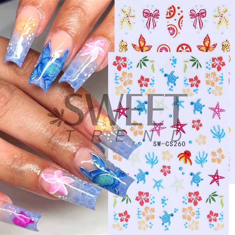 Cross-border New Wholesale Nail Art Stickers Spring and Summer Marine Life Theme Ins Wind Magnolia Glue Nail Stickers