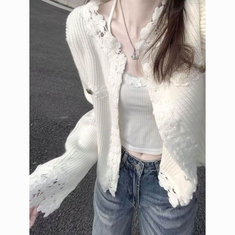 YS French-style white lace-trimmed knitted cardigan for women, early autumn exquisite design sweater coat, elegant top