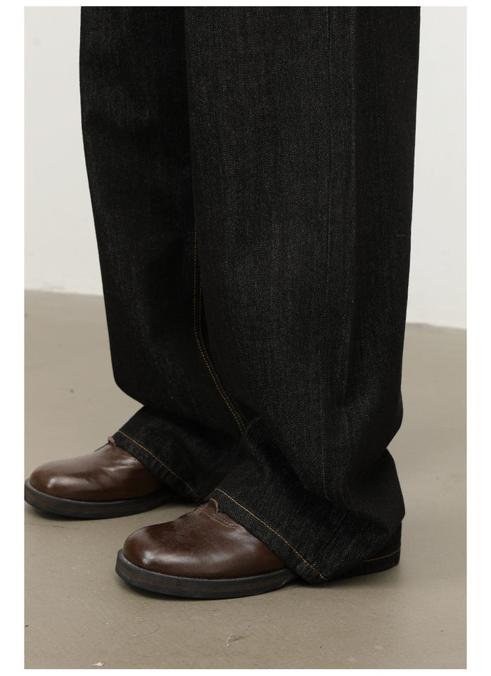 Quần jeans nam dáng rộng ống thẳng màu bò đen nguyên bản, túi thêu họa tiết, lưng giữa — Bò đen sống chi tiết 14