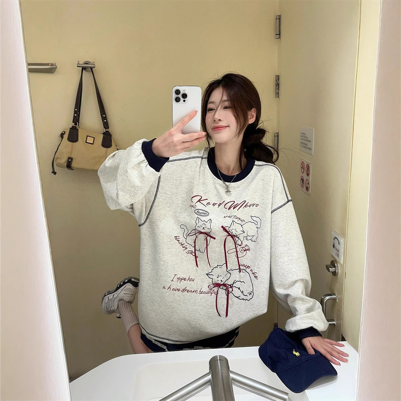 Korean Style Round Neck fleece-lined Thickened Sweat Women's Design Sense Loose Slimming Mid-length Bow Decorative Casual Top Korean Style Round Neck fleece-lined Thickened Sweat Women's Design Sense Loose Slimming Mid-length Bow Decorative Casual Top