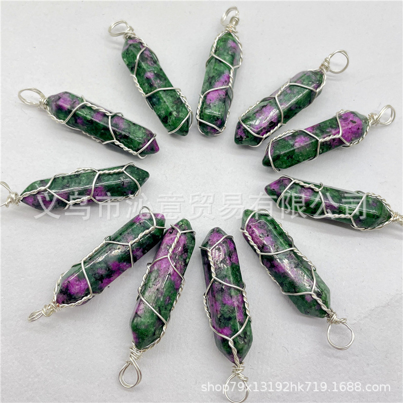 Comercio exterior caliente bobina hexagonal columna colgante collar de cristal natural hecho a mano de plata hilo bala joyería al por mayor