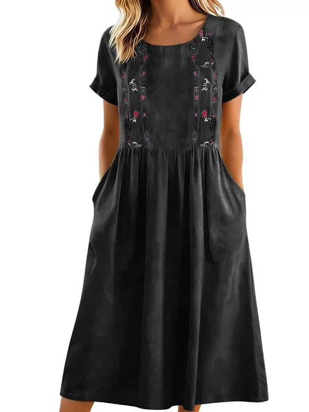 2026 Amazon Cross-Border New Fashion Casual Embroidered Round Neck Cotton and Linen Pocket Dress Short Sleeve