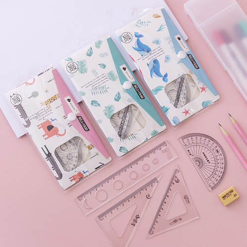 Ruler set for elementary school students, cute set of stationery, men and women, children's school supplies, set of triangles, four-piece wholesale