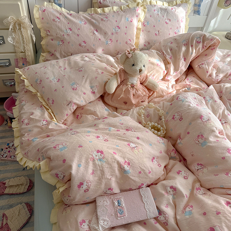 Madre y bebé clase A encaje de algodón puro cuatro piezas de cama puede dormir desnudo sábanas cubierta INS dormitorio de estudiantes tres piezas de conjunto