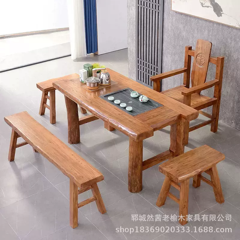 老榆木茶桌老门板大板桌办公待客喝茶桌实木办公桌功夫泡茶桌茶几