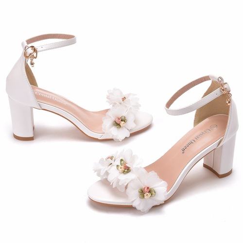 7 cm thick with shallow mouth word with round head sandals bigger sizes flower high-heeled sandals white female bride wedding shoes
